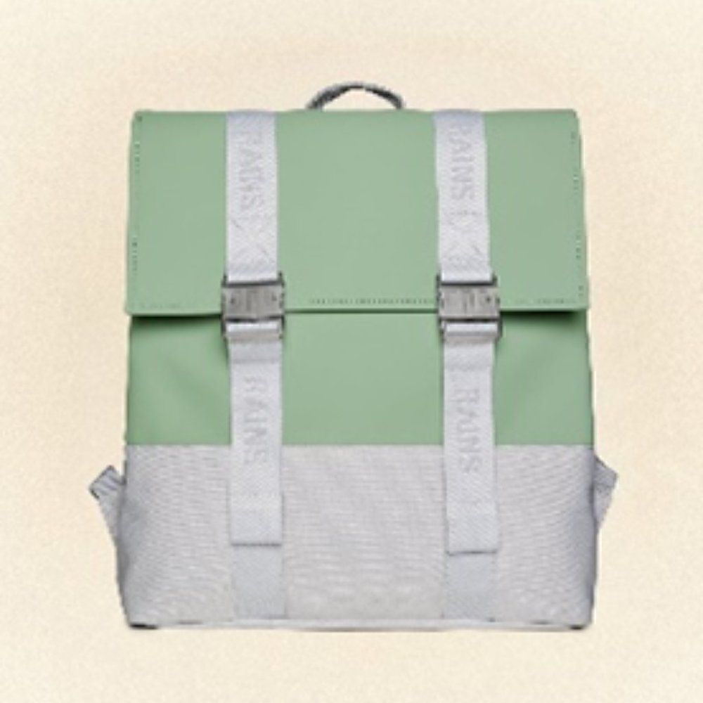 Rains Mint Green and White Rolltop Backpack